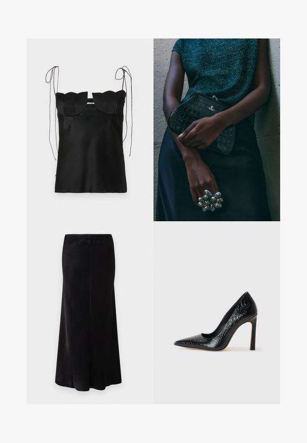 Schwarzes ärmelloses Oberteil mit einem gewellten Ausschnitt, aus glattem Stoff gefertigt. Verfügt über verstellbare Schulterbänder und ein schlichtes, figurbetontes Design.; Schwarzer, knöchellanger Rock aus glattem Stoff. Hat einen taillierten Bund und eine ausgestellte Silhouette. Keine sichtbaren Muster oder Beschläge.; Schwarzer, spitz zulaufender High Heel mit Krokodilleder-Struktur, elegantem Design, hohem Stiletto-Absatz und glattem schwarzen Innenraum.; Schwarze Clutch-Tasche im Kroko-Design mit silbernen Beschlägen, vor einem strukturierten grauen Hintergrund gehalten. Verfügt über eine glänzende Oberfläche.