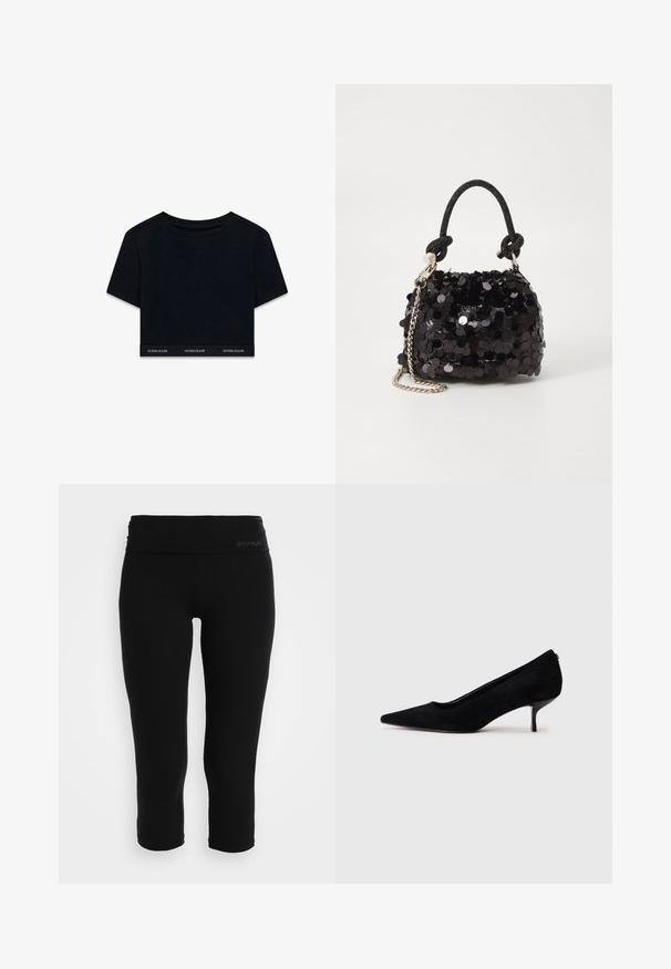 Melnas īsās piedurknes krekls no mīksta auduma ar apaļu kakla izgriezumu. Apakšmalā ir zīmola josla ar uzrakstu "GUESS JEANS" baltā krāsā.; Melni capri legingi, izgatavoti no elastīga auduma. Funkcijas plaša josta ar diskrētu zīmolu. Gluda tekstūra un pieguļošs dizains.; Melnas zamšādas augstpapēžu kurpes ar vienu punktētu purngalu un šauru, zemu papēdi. Gluda tekstūra ar elegantu dizainu, bez redzamiem aksesuāriem.; Melna spīguļota mini rokas soma ar mezglotu teksturētu siksniņu un sudraba ķēdi. Apaļa forma ar sakopotām malām un atstarojumu detaļām.