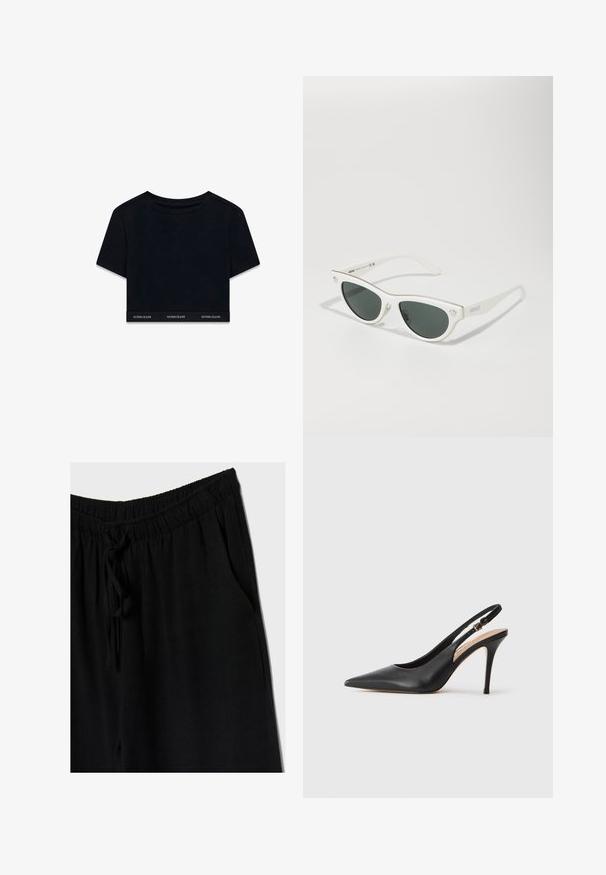 Črni skrajšani majica iz mehkega materiala s kratkimi rokavi in okroglim izrezom. Ima blagovno znamko na robu z napisom "GUESS JEANS" v beli barvi.; Črne hlače z elastičnim pasom in vrvico, ki imajo sproščen kroj in stranske žepe. Material se zdi mehak in lahek.; Črne usnjene sandale s peto s konicami, gladko teksturo in nežnim trakom z kovinsko zaponko.; Bele mačkaste sončne očala z temnimi lečami, zlatimi poudarki na okvirju in detajli logotipa ob strani. Gladek plastičen material.