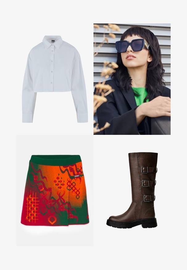 Lyhyt valkoinen kauluspaita, jossa on terävä kaulus, pitkät hihat ja sileä pinta. Etuosassa on nappilista, jossa on samanväriset napit.; Neulehame, jossa on vihreä vyötärö ja eloisat punaiset ja oranssit kuviot, joissa on geometrisia muotoja ja tekstuurisia yksityiskohtia.; Ruske nahke čizme do kolena s tri metalna kopčanja, teksturirana površina, zaobljen vrh i debeli đon za stabilnost.; Yli suuri musta aurinkolasit paksulla kehällä ja kultaisella korostuksella, käytetty mustan bleiserin ja kirkkaan vihreän paidan kanssa vaakasuoraa taustaa vasten.