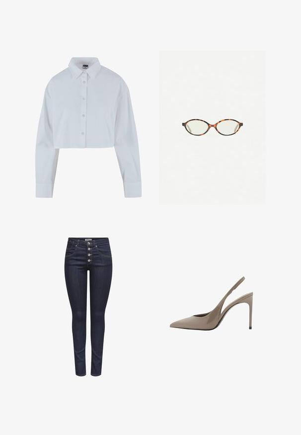 Cropped white button-up shirt with a pointed collar, long sleeves, and a smooth texture. Features a front placket with matching buttons.; Dark blue skinny jeans made of denim. Features five button front closure, front pockets, and a form-fitting design with slight stretch.; Beige patent leather slingback high heels with a pointed toe and a sleek design, featuring a thin high heel and a cutout detail on the side.; Tortoiseshell eyeglasses with oval lenses and a sleek, smooth finish. Features thin sides with a subtle curve at the temples. Clear lenses.
