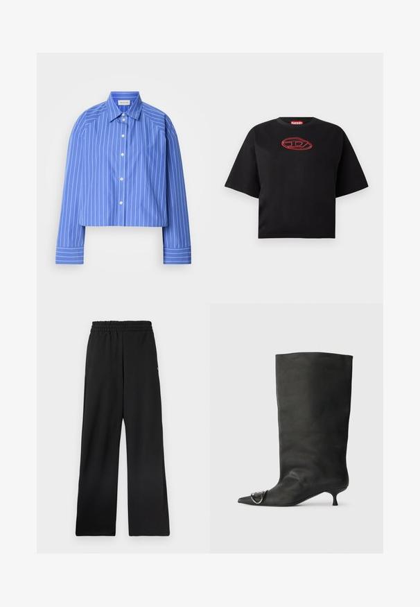 Geknipte blauwe shirt met verticale witte strepen, klassieke kraag, lange mouwen en knoopsluiting; gemaakt van een soepele, lichte stof.; Zwarte korte mouwen cropped T-shirt met een rood geborduurd ovaal logo in het midden op de borst.; Zwarte wijde broek met elastische tailleband, gemaakt van een glad materiaal. Heeft geen zakken of opvallende patronen.; Zwarte leren enkelboot met een spitse neus, een kleine hak en metalen accentdetails op de neus. Gladde, matte textuur overal.