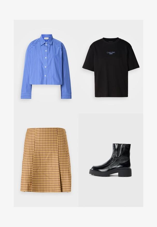 Avskuren blå skjorta med vertikala vita ränder, klassisk krage, långa ärmar och knappstängning; tillverkad av ett mjukt, lätt tyg.; Svart bomulls T-shirt med rund nacke, korta ärmar och blå broderad "Calvin Klein JEANS" logotyp på framsidan.; Gul och lila rutig kjol med rak skärning, försedda med en diskret veck fram och en slät textur.; Svarta anklar stövlar med en glänsande lackläderfinish, kraftig svart gummisula och upphöjd klack; inkluderar subtil logotypdetalj på sidan.