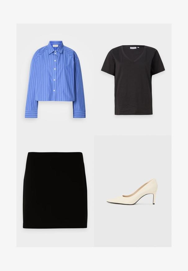 Cropped blue shirt with vertical white stripes, classic collar, long sleeves, and button front; made from smooth, lightweight fabric.; Black cotton T-shirt with a V-neck and short sleeves. Simple design with a regular fit and no patterns or accents.; Black mini skirt made of smooth fabric, featuring a simple design with no visible seams or embellishments. Clean lines and straight fit.; White leather high-heeled pump with a pointed toe, smooth texture, and black sole accent. Classic design with a moderate heel height.