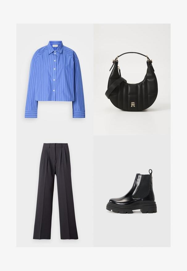Kuttet blå skjorte med vertikale hvite striper, klassisk krage, lang erm og knappelukking; laget av glatt, lett stoff.; Videben bukser i mørkegrå stof. Har folder i taljen, en tætsiddende talje og en glat struktur. Ingen synlige mønstre eller hardware.; Sorte ankelstøvler i læder med et strømlinet design, elastiske sidepaneler og en kraftig sort sål. Har en trækflig bagpå for nem påtagning.; Svart skinnhåndveske med en buet form, kviltet tekstur og gullhardware. Har en avtagbar skulderrem og logo-detaljer.