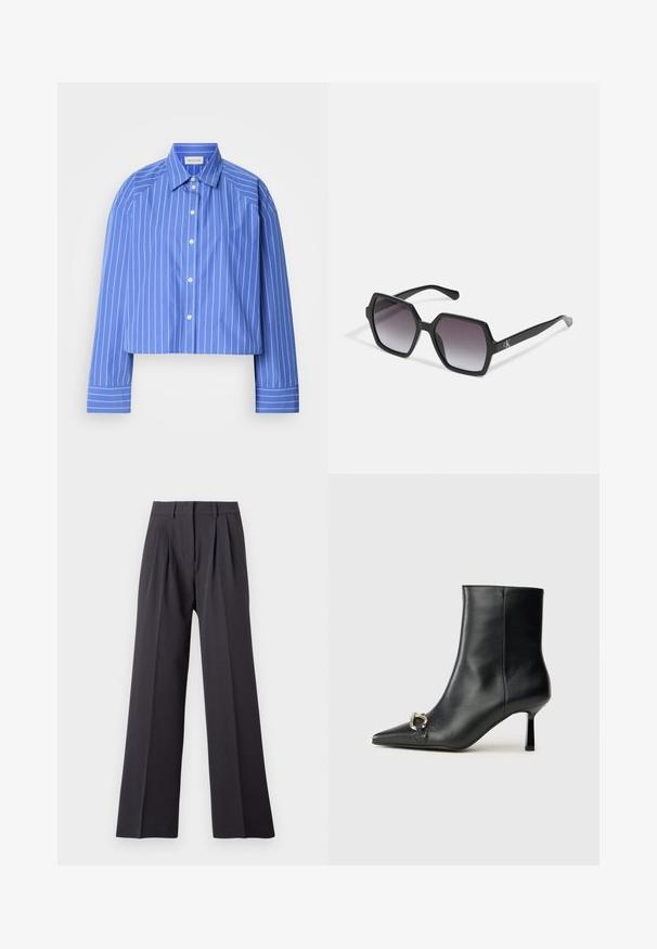 Chemise bleue raccourcie avec des rayures verticales blanches, col classique, manches longues et fermeture à boutons ; fabriquée en tissu lisse et léger.; Pantalon large en tissu gris foncé. Comprend des plis à la taille, une ceinture ajustée et une texture lisse. Pas de motifs visibles ni de matériel.; Bottine en cuir noir avec un bout pointu, un talon moyen fin et un détail de boucle en argent sur le côté, se détachant sur un fond uni.; Lunettes de soleil hexagonales noires avec des verres dégradés, dotées d'une finition brillante et d'un marquage subtil sur la branche. Construction en plastique durable.