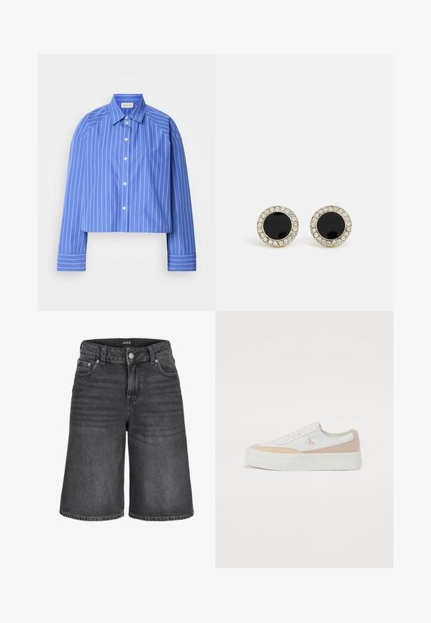 Sagriezta zila krekla ar vertikālām baltām svītrām, klasiskā apkaklīte, garas piedurknes un pogu aizdare; izgatavots no gludas, vieglas auduma.; Tumši pelēki denim šorti ar klasisku griezumu, piecu kabatu dizainu un pogu aizdari. Viegla izbalēšana un šuvju detaļas uz apakšas.; Baltas sports apavi ar gaiši beigu akcentiem, auduma virsma, plakana balta zole, apaļa purngala forma un izšūts logo pusē.; DKNY INLAY STUD - Auskari - black/gold-coloured