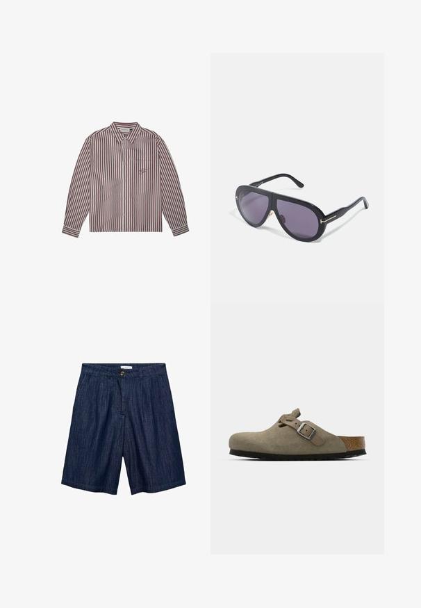 Randig skjorta med långa ärmar, med ett maroon- och vitt vertikalt mönster, krage, framknappar och en bröstficka med en broderad detalj.; Mörkblå denimshorts med rak skärning, framveck, knappstängning och två sidofickor. Slät textur med subtil sömnad.; Mockasiner i mocka i ljus olivgrön med en formad kork- och gummisula. Har ett sidclicked band med en metallspänne och en rundad tå.; Svarta solglasögon med överdimensionerade, vinklade ramar, mörklila linser och guldfärgade accenter på bågarna. Matt ytfinish med slät textur.