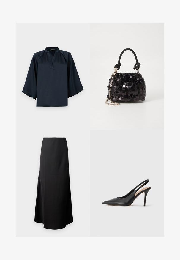 Temno modra bluza z mehkim satenskim videzom, razpokanimi ovratnicami in širokimi valovitimi rokavi. Ohlapen kroj za udobje.; Črna midi krila z gladko teksturo, zasnovana z visokim pasom in stranskim razporkom, ki se ponaša s preprosto, brez okraskov obliko.; Črne usnjene sandale s peto s konicami, gladko teksturo in nežnim trakom z kovinsko zaponko.; Črna mini torbica s palčkami iz bleščic, z vozlanim teksturiranim trakom in srebrnima verigama. Okrogla oblika z nabranim vrhom in odsevnimi detajli.