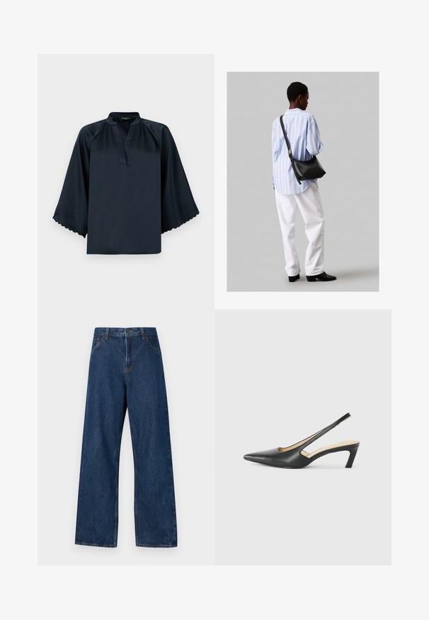 Tumedat bluus pehmea satiinistruktuuriga, jagatud kaelusega ja laia, lainelise varrukaga. Lahtine disain mugavuse jaoks.; Tumedast sinisest denimist laiad teksad, millel on klassikaline viie tasku disain. Omab kontrastset õmblust ja ees nuppude sulgemist.; Must mustaga, terav varvas, madala kontsaga sildiga king, mis on valmistatud siledast nahast ja mille küljel on lõike disain hingavuse tagamiseks.; Must have mustras alasi nahkpatsi, pehme tekstuuriga, kolmnurkse kujuga ja reguleeritava rihmaga, koos helesinise triibulise särgi ja valgete pükstega.