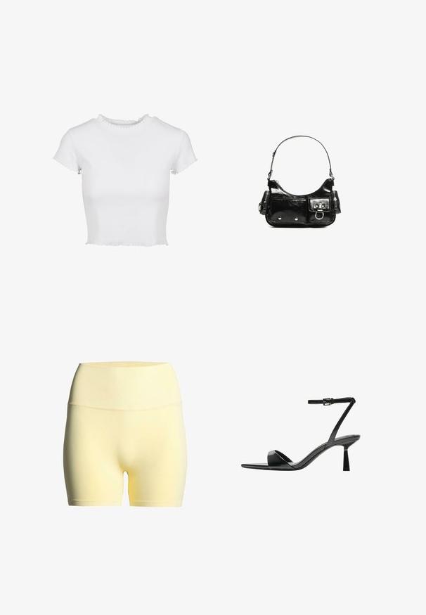 Fehér, cropped póló bordás anyagból. Rövid ujjakkal rendelkezik, amelyek eldolgozott szélekkel és egy kerek nyakú kivágással, amely fodros részletekkel díszített.; Sárga anyagú rövidnadrág, bordázott derékkal, sima textúrával és középhosszú dizájnnal, amely aktív viseletre vagy hétköznapi öltözködésre is alkalmas.; Bershka Magas sarkú szandálok - black; Fekete lakkbőr kézitáska ívelt formával, egy vállpánttal, elülső zsebekkel és ezüstszínű fémrészletekkel.