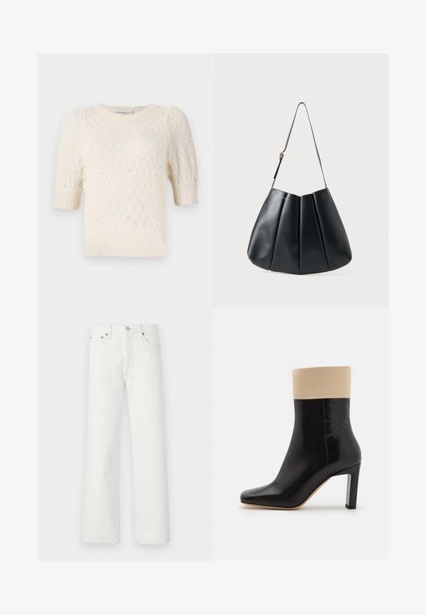 Sweter w kremowym kolorze z krótkimi, bufiastymi rękawami, o delikatnej fakturze dzianiny i z perłowymi zdobieniami. Okrągły dekolt, casualowy design.; Białe dżinsy o prostym kroju nogawki, pięciokomorowym fasonie oraz metalowymi akcentami na pasku i kieszeniach.; Czarny skórzany botek na kostkę z kremowym akcentem na górze, spiczastym noskiem i wysokim, srebrnym obcasem. Gładka tekstura bez widocznych wzorów.; Czarna skórzana torba na ramię z plisowanym wzorem, gładką powierzchnią, pojedynczym paskiem i subtelnym złotym akcentem.