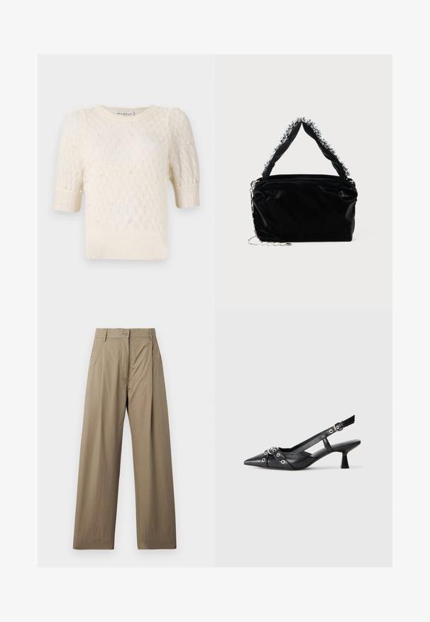 Crème-kleurige trui met korte pofmouwen, fijne brei structuur en parelachtige versieringen door het geheel. Ronde halslijn, casual ontwerp.; Khaki wijde broek van een katoenmix, met knoopsluiting, zijzakken en een zachte textuur met een subtiele glans.; Zwarte leren slingback schoen met een puntige neus, decoratieve banden met metalen oogjes en een lage blokhak. Textuur oppervlak.; Zwarte nep leren handtas met een gestructureerde afwerking, voorzien van een bewerkte zilveren accent langs de bovenste handgreep en een schouderband van kettingen.
