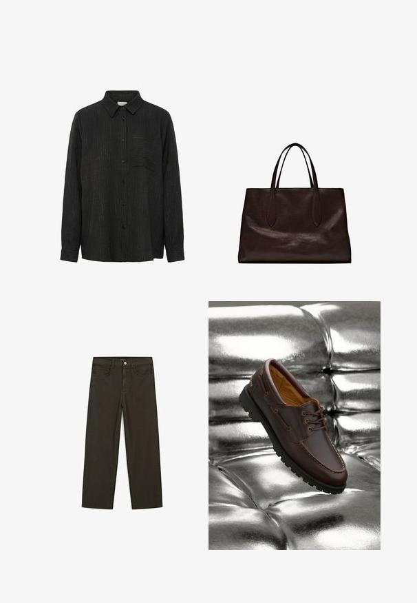 Svart knapp-up skjorta med en texturerad tyg, med vertikala ränder, en spetsig krage och en bröstficka på vänster sida.; Mörkgröna vida jeans i bomullsblandning, med knäppning fram, fem fickor och klassisk denimstickning.; Brun läder båtssko med svart gummisulor vilande på en skinande metallisk silverfärgad tuftad yta.; Massimo Dutti Handväska - brown