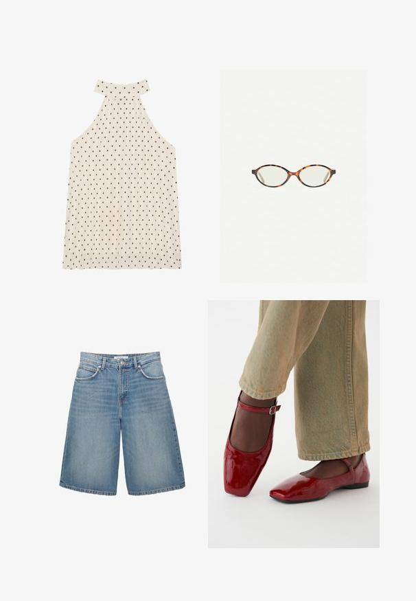 Bezramenný top s halter výstřihem v krémové barvě s hnědými puntíky, vyznačující se vysokým výstřihem a plisovanou tkaninou pro přidanou texturu.; PULL&BEAR Džínové kraťasy - blue denim; Červené lakované kožené boty se čtveratým špičkou, nízkým podpatkem a páskem kolem kotníku, které jsou zkombinovány s širokými světle zelenými džíny. Hladký povrch, reflexní vzhled.; Želvovinové brýle s oválnými čočkami a hladkým, jemným povrchem. Má tenké bočnice s jemným zakřivením v chrámcích. Čiré čočky.