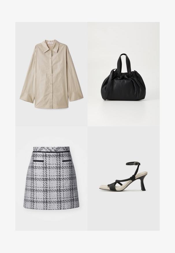 Beige langermet skjorte med stor spiss krage, knappefront og brede mansjetter. Laget av et glatt, lett stoff.; Grå rutete skjørt med teksturert stoff, slim fit, og svarte detaljer. Inkluderer to frontlommer med svart dekor.; Sorte helårs sandaler med flettet stroppesdesign, firkantet tå og justerbar ankelrem. Lys beige fotseng med glanset svart hæl.; Svart lærveske med en samlet toppdesign, som har to korte håndtak og en lang justerbar stropp. Glatt tekstur, rund form.