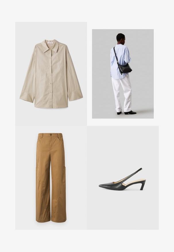 Béžová košile s dlouhým rukávem, velkým špičatým límcem, knoflíkovým zapínáním a širokými manžetami. Vyrobena z hladkého, lehkého materiálu.; Hnědé široké kalhoty vyrobené z bavlny, se zapínáním na knoflík, bočními kapsami a výraznými švy.; Černý špičatý slingback s nízkým podpatkem, vyrobený z hladké kůže, s výřezem na boku pro lepší prodyšnost.; Černá kožená kabelka přes rameno s jemnou texturou, trojúhelníkovým tvarem a nastavitelným popruhem, v kombinaci se světle modrou pruhovanou košilí a bílými kalhotami.