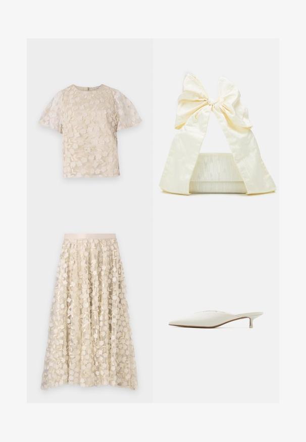 Beige bluse med blomsterbroderi, gennemsigtige puffærmer, rund halsudskæring og lynlåslukning i ryggen. Struktureret blomsterdesign på forpanelet.; Blomsterbroderi på en gennemsigtig, cremefarvet nederdel med satinliv. Designet har små, delikate blomster og blade.; Spids tå mule i off-white stof. Har en lav hæl og diskrete syninger langs overdelen. Glat tekstur, minimalistisk design.; Loeffler Randall RAMONA BOW SHOULDER BAG - Håndtasker - cream