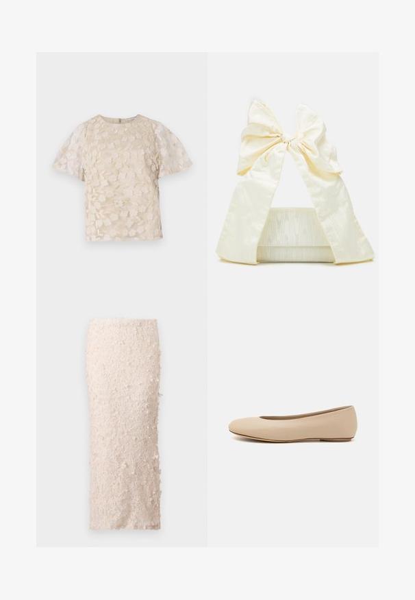 Beige blouse with floral embroidery, sheer puff sleeves, round neckline, and back zipper closure. Textured floral pattern on front panel.; Cream pencil skirt made of lace with floral appliqués. The design is fitted, featuring a smooth texture and detailed embellishments.; Beige leather ballet flat with rounded toe, minimal seam detailing, low heel, and subtle logo on the back. Smooth, matte texture.; Loeffler Randall RAMONA BOW SHOULDER BAG - Handbag - cream