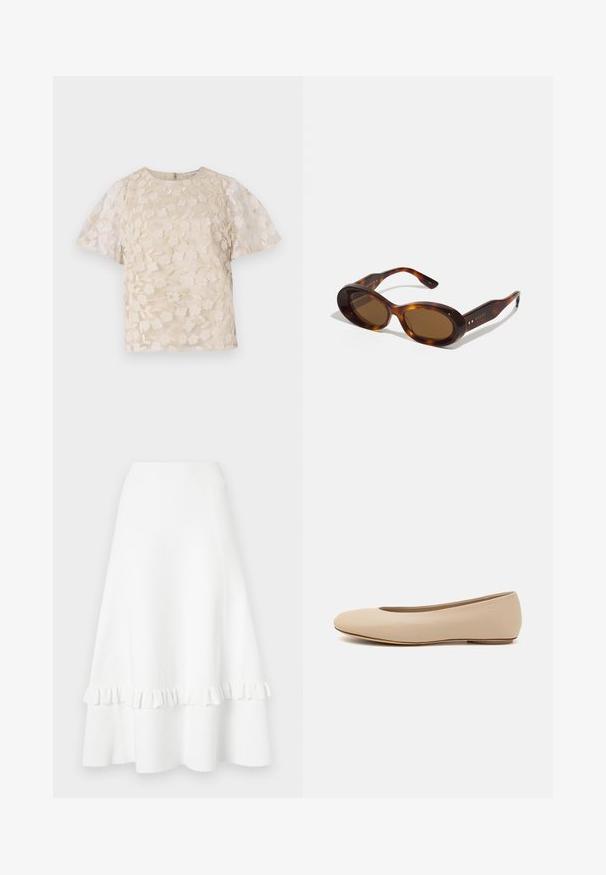 Beez pluus lilleline tikand, läbipaistvad puffvarrukad, ümmargune kaelus ja tagumine lukuga sulgemine. Tekstureeritud lillemustriga esitahvel.; Valge laienev seelik, mis on valmistatud tekstuuriga kangast, millel on volangiga äär ja aukude disain, sujuva vöökoha ja põlve pikkusega lõige.; Beeži nahk balletitossud ümarate varvastega, minimaalse õmbluse detailiga, madala kanna ja diskreetse logoga taga. Sile, mati tekstuur.; Kilpkonnakilbi päikeseprillid ovaalsete läätsedega, pruunis toonis ja kuldsete aksentidega käepidemetel. Paksed raamid läikiva viimistluse ja siledaga tekstuuriga.