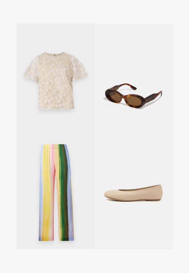 Blusa beige con bordado floral, mangas globo translúcidas, cuello redondo y cierre de cremallera en la parte posterior. Patrón floral texturizado en el panel frontal.; Pantalones de pierna ancha con cintura elástica, presentando rayas verticales en colores pastel: amarillo, rosa, verde, azul y púrpura claro. Textura suave.; Bailarina de cuero beige con punta redondeada, detalles de costura mínimos, tacón bajo y un sutil logo en la parte trasera. Textura suave y mate.; Gafas de sol carey con lentes ovalados, tono marrón y detalles dorados en las patillas. Montura gruesa con un acabado brillante y textura suave.