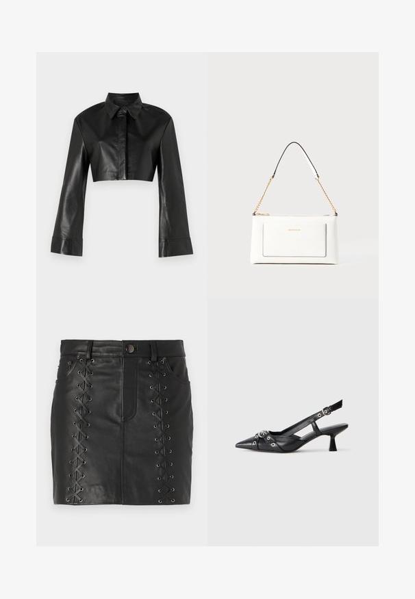 Fekete, rövidített bőrdzseki gallérral és hosszú, bővülő ujjal. Az elején gombos záródás található, sima, fényes felülettel.; Fekete bőr mini szoknya, oldalt fűzős részletekkel, fémből készült szemcsékkel, öt zsebes fazonnal és testhezálló silhuettel.; Fekete bőr slingback cipő hegyes orral, dekoratív pántokkal, fém szemekkel és alacsony blokk sarkú. Texturált felület.; Fehér bőr kézitáska, texturált felülettel, arany lánccal és fekete részletekkel. Elülső zsebbel és cipzáros zárással rendelkezik.