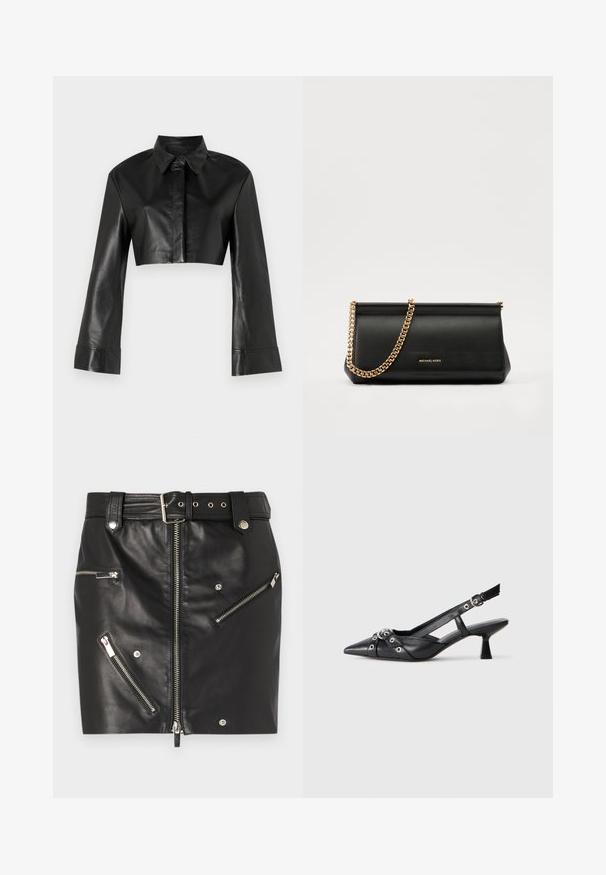 Fekete, rövidített bőrdzseki gallérral és hosszú, bővülő ujjal. Az elején gombos záródás található, sima, fényes felülettel.; Fekete bőr mini szoknya elől cipzárral, több cipzáros zsebbel, csattal ellátott övvel és ezüst színű kiegészítőkkel.; Fekete bőr slingback cipő hegyes orral, dekoratív pántokkal, fém szemekkel és alacsony blokk sarkú. Texturált felület.; Fekete bőr kisméretű táska arany lánccal, sima felülettel, téglalap alakú, és dombornyomott márkázással az elején.