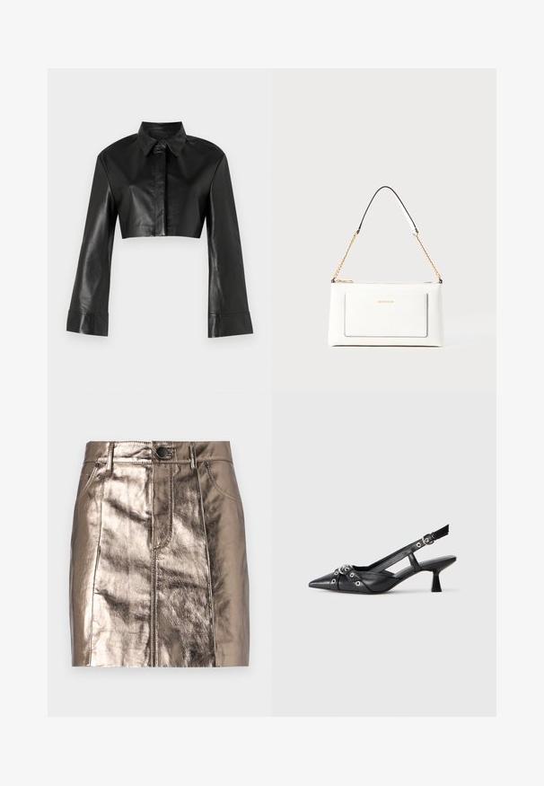 Fekete, rövidített bőrdzseki gallérral és hosszú, bővülő ujjal. Az elején gombos záródás található, sima, fényes felülettel.; Fémes bronz színű farmer mini szoknya, egyenes szabással, elülső zsebekkel és gombos derékrésszel. Simább és fényes textúra.; Fekete bőr slingback cipő hegyes orral, dekoratív pántokkal, fém szemekkel és alacsony blokk sarkú. Texturált felület.; Fehér bőr kézitáska, texturált felülettel, arany lánccal és fekete részletekkel. Elülső zsebbel és cipzáros zárással rendelkezik.