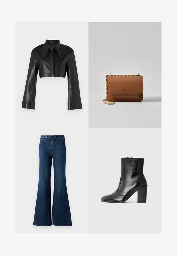 Veste en cuir noir cropped avec un col et de longues manches évasées. Présente une fermeture à bouton sur le devant et une texture lisse et brillante.; Jeans évasés taille haute bleu foncé avec un bouton à l'avant, une fermeture éclair, et un design à cinq poches sur un fond blanc.; Bottine en cuir noir, avec une texture lisse, un bout pointu et un talon chunky haut. Présente une ouverture sur le côté et un design minimaliste.; Sac en cuir texturé marron en bandoulière avec une sangle en chaîne dorée et une fermeture à rabat. L'avant présente un détail de logo et une poche sous le rabat.