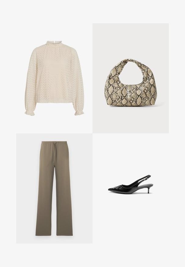 Kremowa bluzka z wysokim dekoltem, teksturowym wzorem w zygzak oraz balonowymi rękawami z marszczonymi mankietami.; Oliwkowe spodnie w szerokim kroju, wykonane z miękkiego materiału, z elastycznym paskiem w talii i sznurkiem do regulacji, bez widocznych kieszeni.; Czarne skórzane szpilki na ramiączku z ostrym noskiem, małym słupkiem i ozdobnym węzłem z przodu. Gładka faktura na całej powierzchni.; Torebka w wężowy wzór z zakrzywionym uchwytem. Wykonana z teksturowanych, beżowych i brązowych materiałów, z charakterystycznym wzorem w diamenty.