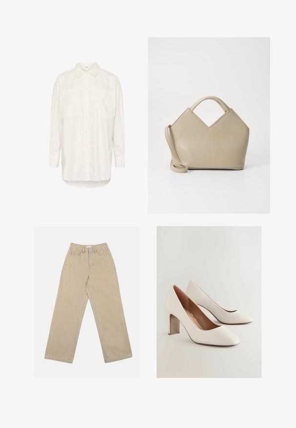 Valkoinen pitkähihaista paitaa, joka on valmistettu puuvillasta ja jossa on nappikaulus, kaksi rintataskua, suora helma ja rento leikkaus.; Beige leveled pants yang terbuat dari denim, menampilkan pinggang tinggi, saku depan, dan jahitan kontras. Desainnya mencakup penutupan kancing.; Valkoiset nahkakenkä korkeat korot, joissa on terävä kärki ja paksu saapas. Raskas pinta, jossa on sileä sisäosa.; Beige laukku, jossa on V-muotoinen yläosa, sileää nahkaa, lyhyet kahvat ja pitkä säädettävä hihna. Minimalistinen muotoilu.