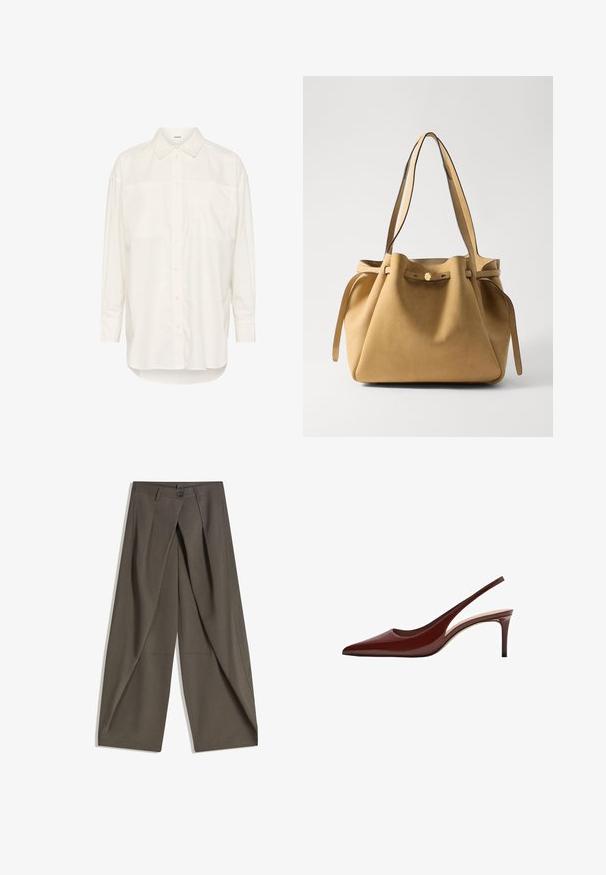 White long-sleeve shirt made from cotton, featuring a button-down collar, two chest pockets, a straight hem, and a relaxed fit.; Wide-leg trousers made of a textured, dark gray fabric. Features a front pleat, button closure, and side pockets for practicality.; Red patent leather slingback heel with a pointed toe, thin heel, and open back design. Smooth texture and minimal detailing.; Tan suede tote bag with flat shoulder straps, gathered top with drawstring closure, and a gold-tone button detail. Smooth texture and minimal design.