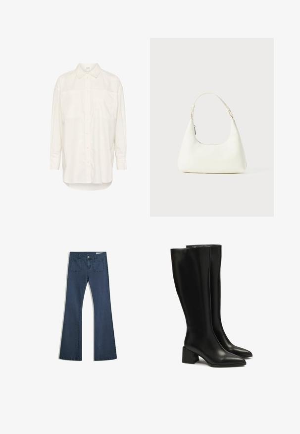 Biała koszula z długim rękawem, wykonana z bawełny, z kołnierzykiem zapinanym na guziki, dwoma kieszeniami na piersi, prostym dołem oraz luźnym krojem.; Ciemnoniebieskie dżinsy typu dzwony z przeszytymi kieszeniami, zapięciem na guzik i gładką fakturą. Posiadają klasyczny pięciokieszeniowy fason.; Czarne skórzane botki do kolan z wąskim noskiem i masywnym obcasem. Gładka tekstura, minimalne szwy i prosty zamek błyskawiczny.; Mała biała torba na ramię z jednym regulowanym paskiem i zamknięciem na zamek, na jednolitym białym tle.