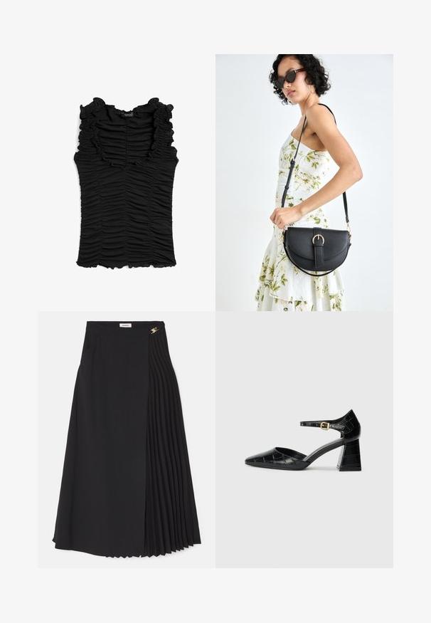 Černý top bez rukávů s volánkovým výstřihem a texturovanou tkaninou s vertikálním nařasením. Přední a zadní strana jsou navrženy podobně.; Černá midi sukně s plisovaným designem na jedné straně, vyrobená z lehkého materiálu, se skrytým zipem a bočními kapsami.; Černá laková kožená lodička na vysokém podpatku s špičatou špičkou, kotníkovým páskem a texturovaným krokodýlím vzorem. Design čtvercového bloku podpatku.; Černá kožená kabelka s křivkovým tvarem, odnímatelným popruhem a zlatými detaily. Kabelka má klopu s přezkou.