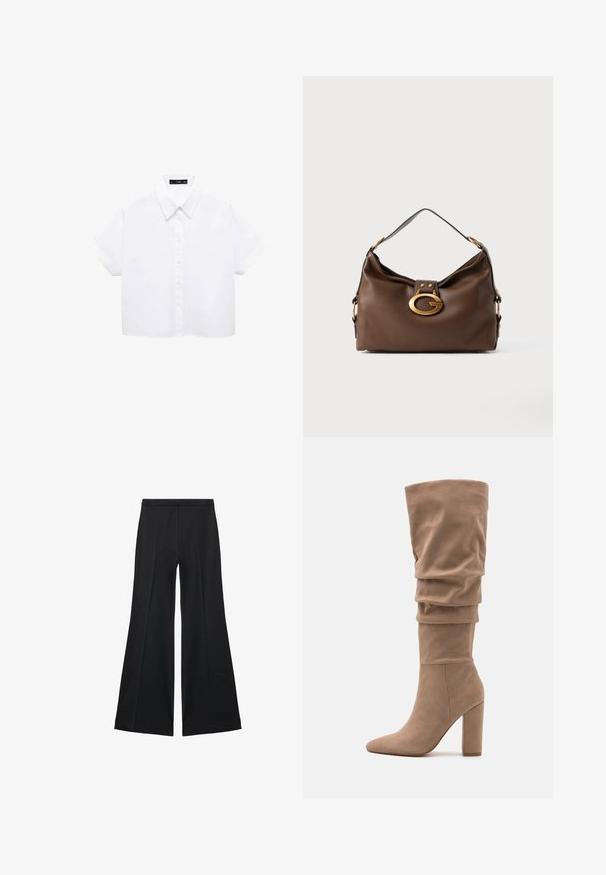 White short-sleeve shirt with a collared neckline, button front, and a boxy shape. Made of smooth fabric with a crisp texture.; Black wide-leg pants with a smooth texture, featuring front pleats and a tailored design. The fabric is lightweight and flowy.; Anna Field Boots - beige; Brown leather handbag with a textured finish, featuring a gold-tone hardware clasp and a single, curved shoulder strap.