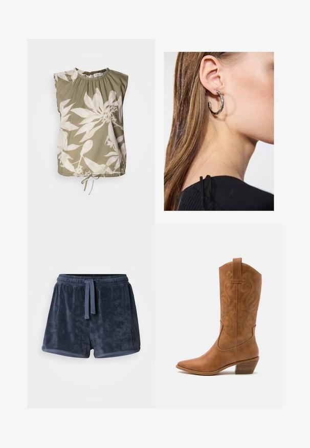 Olijfgroen mouwloos topje met een geraffineerde halslijn, voorzien van grote witte bloemenprints en een verstelbare strik aan de onderrand. Zachte stoftextuur.; Marineblauwe badstofshorts met een elastische tailleband, verstelbaar trekkoord en een klein geborduurd logo aan de zijkant. Zachte textuur.; Tan leren cowboylaars met puntige neus, geborduurde spiraalpatronen op de schacht en een gestapelde blokhak. Voorzien van een trekband voor gemakkelijke aan- en uittrekken.; Zilveren oorbel met een gepolijste afwerking, met kleine gouden accentdetails en een ronde vorm, gedragen op de oorlel.