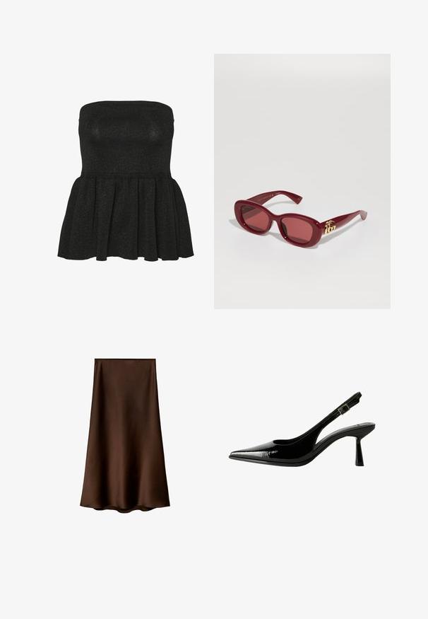 Czarny top peplum bez ramiączek wykonany z teksturowanej dzianiny, z dopasowanym korpusem i rozkloszowanym dołem, z delikatnym efektem połysku.; Mango - Długa spódnica; Czarne lakierowane pantofle na obcasie typu slingback z ostrym noskiem, wyciętymi bokami, regulowanym paskiem na kostce i cienkim, smukłym obcasem.; Czerwone plastikowe okulary przeciwsłoneczne o prostokątnych oprawkach, przyciemnionych soczewkach i złotym akcentem logo na zausznikach. Gładkie, błyszczące wykończenie.; Czarny naszyjnik-choker z kwiatów, wykonany z warstwowych płatków, noszony z czarnym, prążkowanym topem na ramiączkach z srebrnymi akcentami przy dekolcie i ramionach.