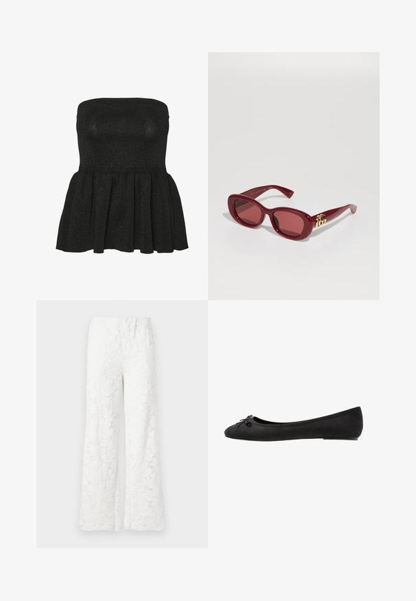 Top peplum noir sans bretelles en tissu tricoté texturé, avec un corsage ajusté et un ourlet évasé doté d'un subtil effet nacré.; Pantalons larges en dentelle florale blanche avec une taille élastique, dotés d'un tissu texturé et d'un motif de fleurs délicat sur toute la surface.; Ballerines en daim noir avec un bout arrondi, ornées d'un nœud décoratif à l'avant et d'une semelle plate. Texture lisse et forme classique.; Lunettes de soleil en plastique rouge avec des montures rectangulaires, des verres teintés et un accent de logo doré sur les branches. Fini lisse et brillant.; Collier en choker de fleurs noires composé de pétales superposés, porté avec un débardeur à côtes noir présentant des accents en argent le long de l'encolure et des épaules.