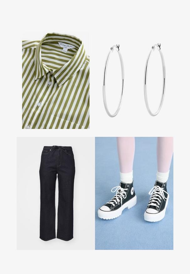 Camicia a maniche corte a righe verdi e bianche con colletto, parte anteriore con bottoni e una tasca sul petto. Realizzata in tessuto di cotone liscio.; Pantaloni in denim blu scuro con vita alta, gamba larga e cintura con fiocco. Presentano cuciture standard e un orlo pulito.; Sneakers nere alte con suole e lacci bianchi, caratterizzati da un logo circolare sul lato e cuciture nere a contrasto. Superiori in tessuto testurizzato.; Orecchini a cerchio in argento con una superficie liscia e lucida e una forma circolare sottile. Il design presenta una chiusura sicura.