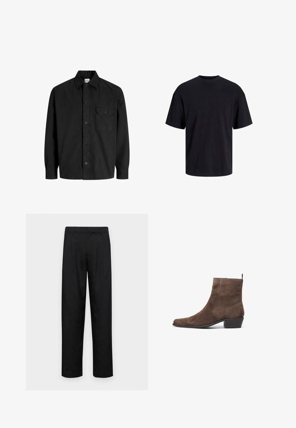 Black long-sleeve button-up shirt with collar and single chest pocket featuring a buttoned flap.; Black cotton t-shirt with a crew neckline, short sleeves, and a relaxed fit. Smooth texture and no visible patterns or accents.; Black trousers made of smooth fabric, featuring a straight-leg design, two front pleats, and standard waistband with belt loops.; Brown suede ankle boot with a pointed toe, low block heel, and a pull loop at the back for easy wear. Smooth texture and simple design.