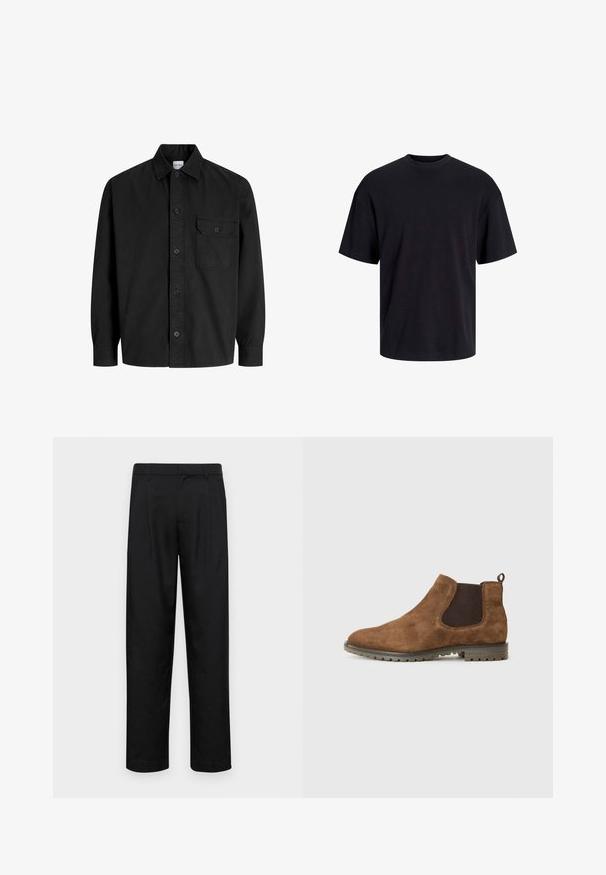 Svart langermet skjorte med knapper, krage og en enkelt brystlomme med en knappelukking på klaffen.; Svart bomull t-skjorte med rund hals, korte ermer og en avslappet passform. Glatt tekstur uten synlige mønstre eller detaljer.; Sorte bukser laget av glatt stoff, med rette ben, to frontfoldninger og standard liv med beltehemper.; Brune ankelstøvler i semsket skinn med elastiske sidepaneler, en trekkfane og en strukturert gummisåle med spor for grep.
