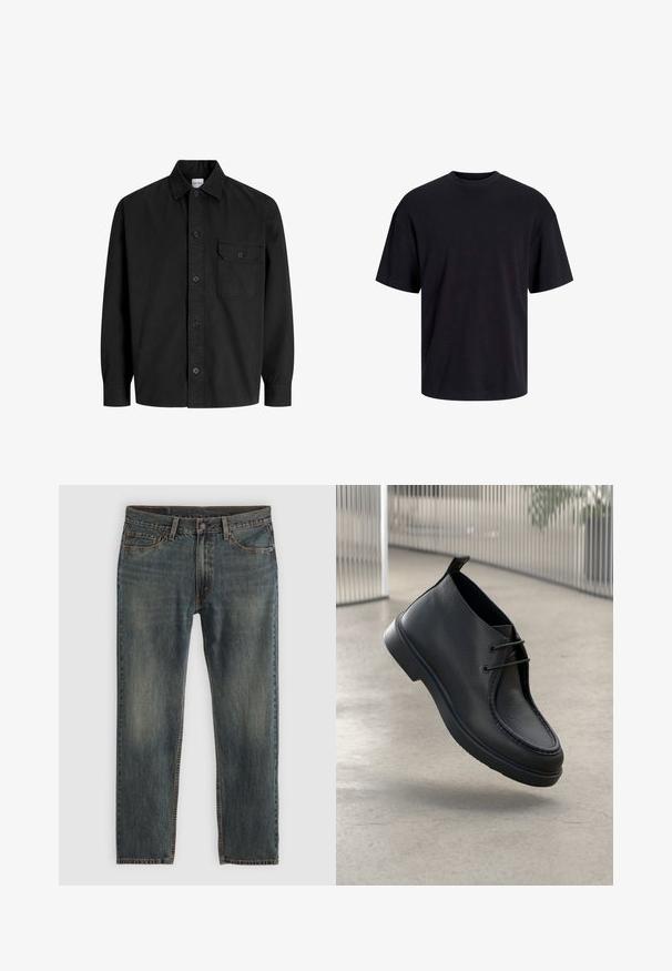 Svart långärmad skjorta med knappar, krage och en enda bröstficka med knäppt klaff.; Svart bomullströja med rundad halsringning, korta ärmar och avslappnad passform. Slät textur utan synliga mönster eller detaljer.; Blå denim jeans med en rak bendesign, som har en klassisk femfickestil, stygnaccent och en något urtvättad finish.; Svart lädersko med en slät yta, rund tå och snördesign; har en låg profil sula och en dragflik bak.