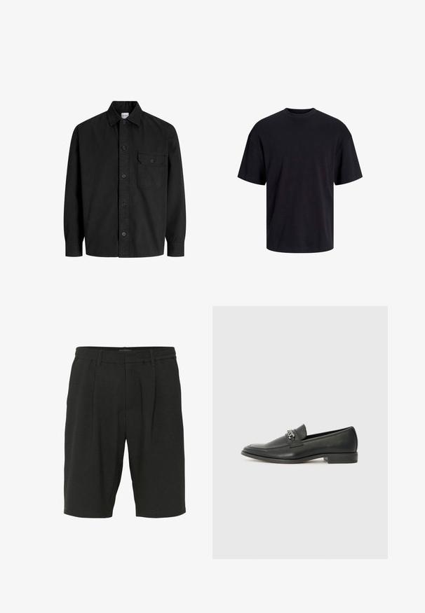 Črna dolga srajca s poudarjeno zapenjanjem in ovratnikom, ki ima en sam žep na prsih s pokrovčkom na gumb.; Črna bombažna majica s krojačkom izrezom, kratkimi rokavi in sproščenim krojem. Gladka tekstura in brez vidnih vzorcev ali poudarkov.; Črne kratke hlače iz strukturirane tkanine, ki se ponašajo s sproščenim krojem, naborki in elastičnim pasom za udobje.; Črni usnjeni loafer z gladko površino, ki ima šivano zasnovo in dekorativni kovinski verižni naglas preko vampirja. Ravno peto.