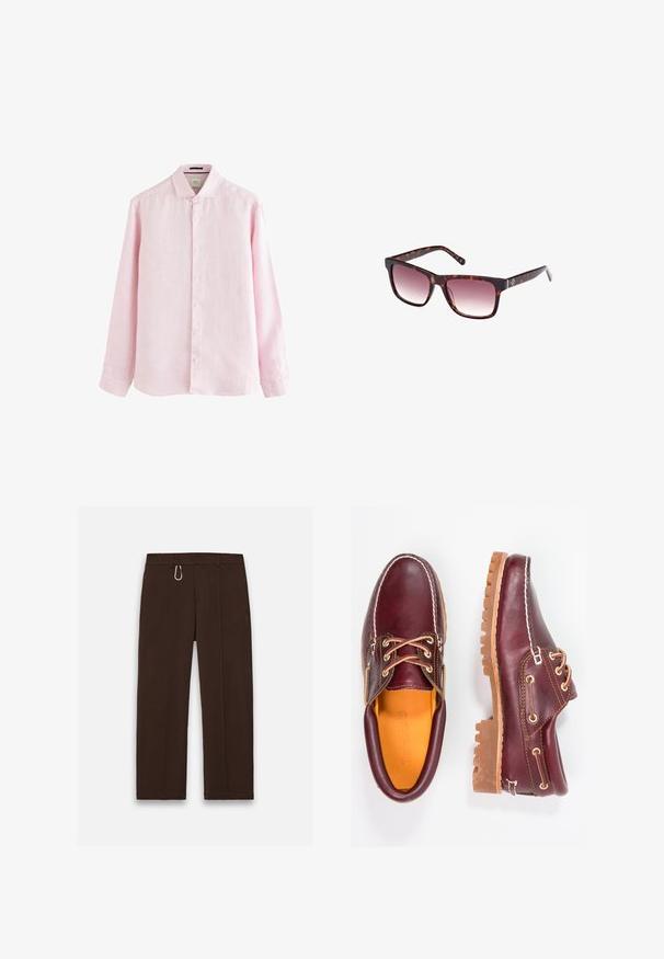 Světle růžová košile s dlouhým rukávem vyrobená z lnu, má límec s knoflíky, přední légu s bílými knoflíky a mírně zakřivený lem.; Hnědé, široké kalhoty vyrobené z hladké tkaniny, s uzávěrem na zip a karabinou jako výrazným akcentem, s dvěma bočními kapsami.; Burgundské kožené boty s hnědými gumovými podrážkami, kulatou špičkou, bílým prošíváním a zlatými očky. Interiér obsahuje žlutou podšívku.; Sluneční brýle s želvovinovým vzorem, obdélníkovým rámem, gradientovými skly a silnými stranami s jemným detailem loga. Hladký povrch, moderní design.
