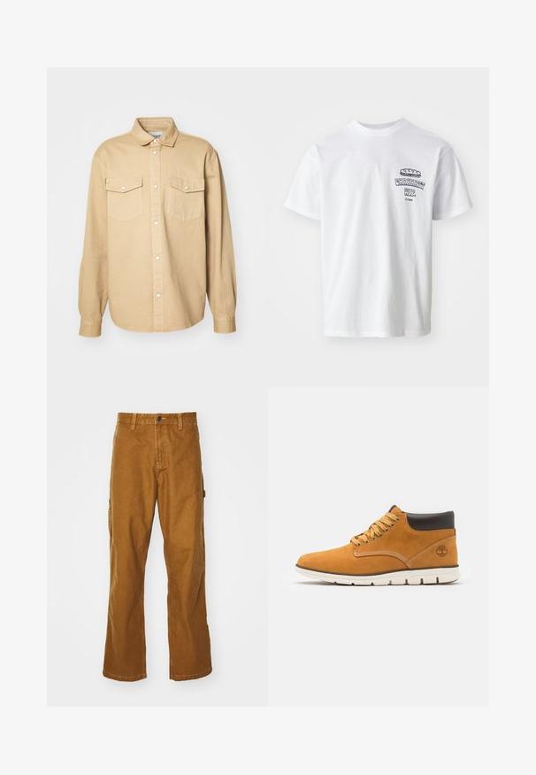 Chemise beige à boutonner en coton, avec un col classique, deux poches poitrine et des manches longues avec des poignets à boutons.; T-shirt en coton blanc à manches courtes, col rond, avec un imprimé graphique présentant le texte "Carhartt WIP" et une illustration de nourriture sur la poitrine.; Pantalons cargo en coton marron avec une coupe droite, fermeture à bouton à l'avant et poches latérales. Texture lisse et matériau durable.; Bottines en daim marron avec un col rembourré, présentant des œillets et des lacets dorés, des coutures contrastées et une semelle en caoutchouc blanche.