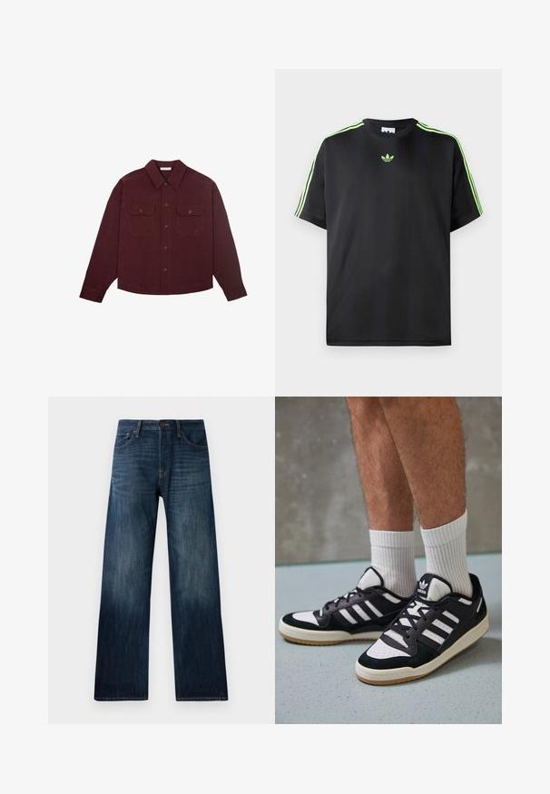 Vyriška bordo spalvos ilgarankovė marškinė su dviem priekinėmis mygtukinėmis krūtinės kišenėmis ir smailiu apykakle.; Juodas marškinėliai, pagaminti iš lygios medžiagos, su apykakle, turinčia tris žalias juosteles ant pečių ir mažą žalią logotipą ant krūtinės.; Tamsiai mėlyni džinsai su tiesiomis kojomis, pasižymintys lengvu audiniu, dirželių kilpomis ir klasikinio penkių kišenių stiliumi.; Juodos ir baltos sportinės bateliai su zomšiniu ir odiniu viršumi, su trimis baltomis juostelėmis, perforuota koja ir guminėmis padais.