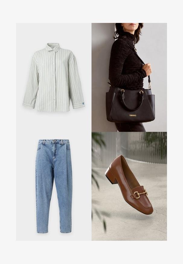 Valkoinen nappikauluspaita, jossa on sinisiä pystyraitoja, pitkät hihat, klassinen kaulus ja pieni sydänyksityiskohta vasemmassa hihassa.; Vaalean siniset farkut, joissa on korkea vyötärö, etupuolella laskokset, kapenevat lahkeet ja perinteinen viisi taskua -suunnittelu näkyvillä ompeluilla.; Ruskea kiiltävä nahkaloaferi neliönmuotoisella varpaalla, metalliketjuaktsentilla ja matalalla tukijalalla; sileä rakenne, minimalistinen muotoilu.; Musta käsilaukku, jossa on teksturoitu pinta, kaksi yläkantta ja säädettävä olkahihna. Varustettu kultasävyisillä varusteilla ja sivutaskuilla.