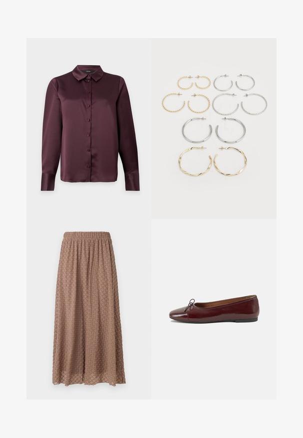Chemisier en satin bordeaux à boutons, avec un col classique, des manches longues et une texture lisse. Présente une patte de boutonnage avec des boutons assortis.; Jupe marron, longueur genou avec une ceinture élastique, tissu texturé présentant un motif en losange dans une tonalité plus claire, légère et fluide.; Ballerines en cuir verni bordeaux avec un bout rond, un petit nœud décoratif à l'avant et une semelle en caoutchouc noire basse. Texture lisse.; Ensemble de douze boucles d'oreilles créoles en tons argent et or. Comprend des designs torsadés, lisses et texturés avec différentes tailles et finitions.