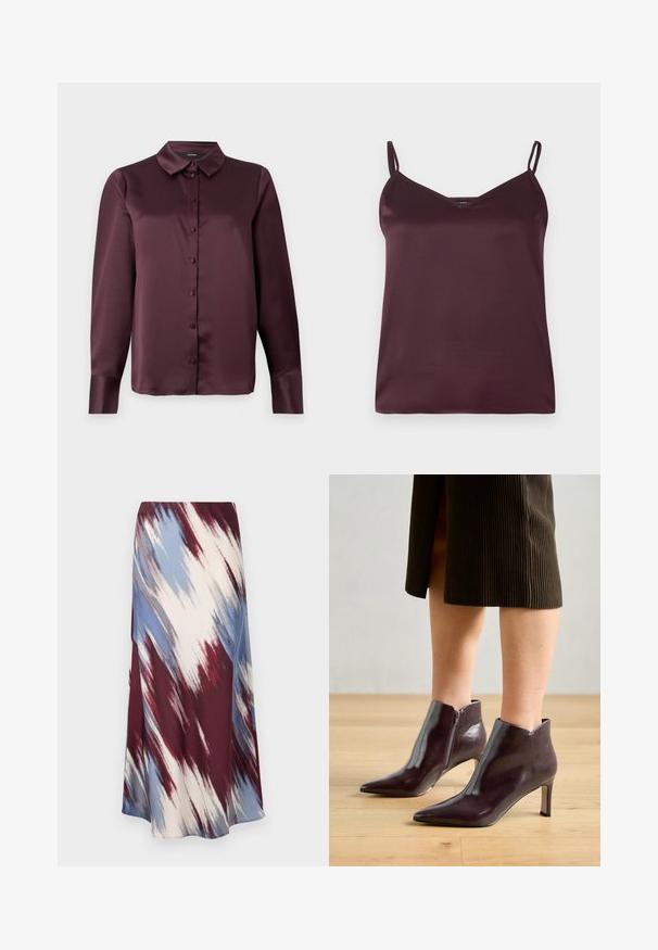 Burgundijas satīna zălīšu blūze ar klasisku apkakli, garām piedurknēm un gludu tekstūru. Iekļauj priekšējo pogu rindas ar saskanīgām pogām.; Burgundijas satīna korsetē ar plānām regulējamām siksnām un V-veida kakla izgriezumu. Gluda tekstūra, vienkāršs dizains un nav redzamu rakstu vai akcentu.; Garais svārki ar diagonālu saistīto krāsu rakstu bordo, zilā un krējuma krāsās, izgatavoti no mīkstas auduma, kam ir plūstoša silueta un neliels spīdums.; Bordo ādas potītēm zābaki ar vērstu purngalu un šauru papēdi. Iekļauts sānu rāvējslēdzis un gluda, spīdīga tekstūra.