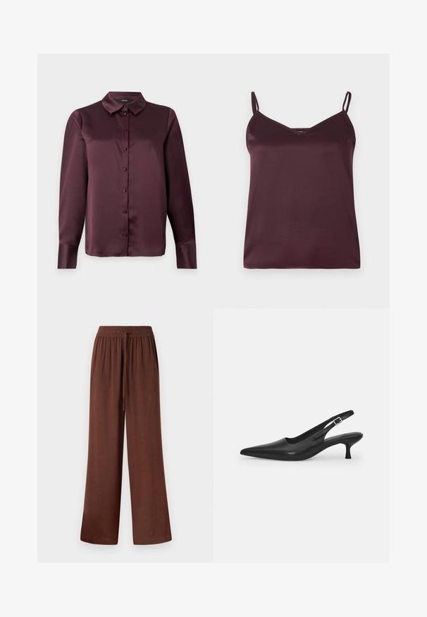 Burgunderfarget satin knapp-up skjorte med klassisk krage, lange ermer og en glatt tekstur. Har frontplacket med matchende knapper.; Burgunderfarget satin cami-top med tynne, justerbare stropper og V-hals. Glatt tekstur, enkelt design og ingen synlige mønstre eller detaljer.; Brune vidde bukser med elastisk midjebånd og snøredetalj. Laget av et mykt, lett stoff med en jevn tekstur.; Svart lær slingback sko med spiss tå og smal, buet hæl. Har en diskret justerbar rem med en metallspenne.